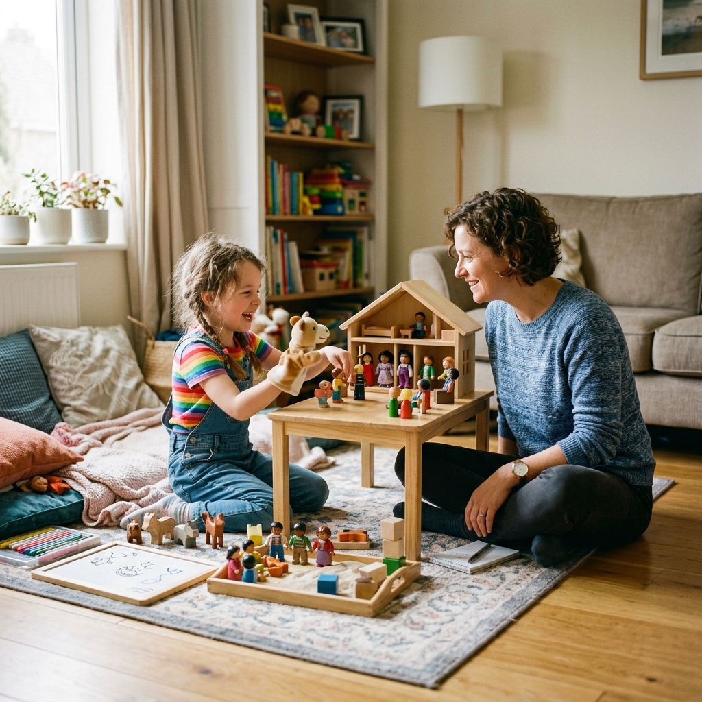 Mother and daughter playing with wooden dolls and toy house on a rug