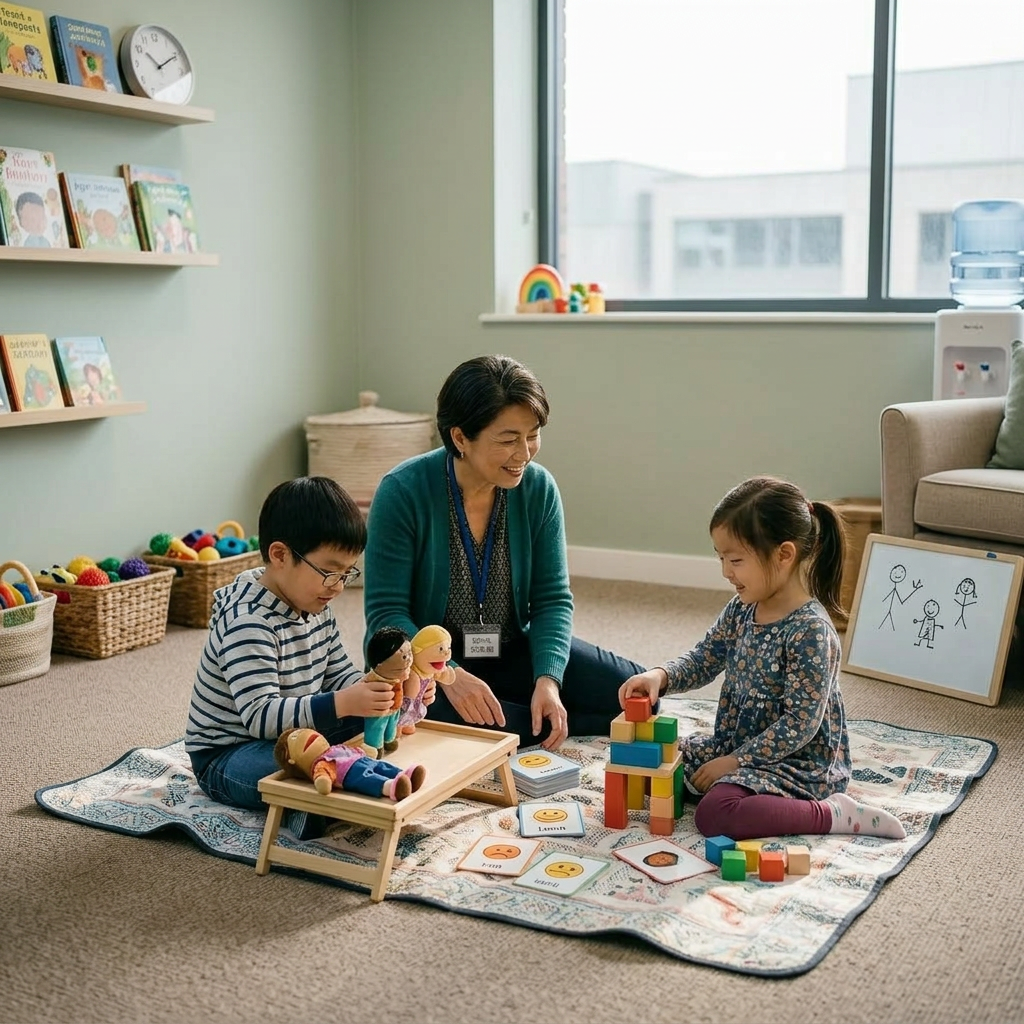 Teacher and two children playing with blocks and puppets on a blanket outdoors