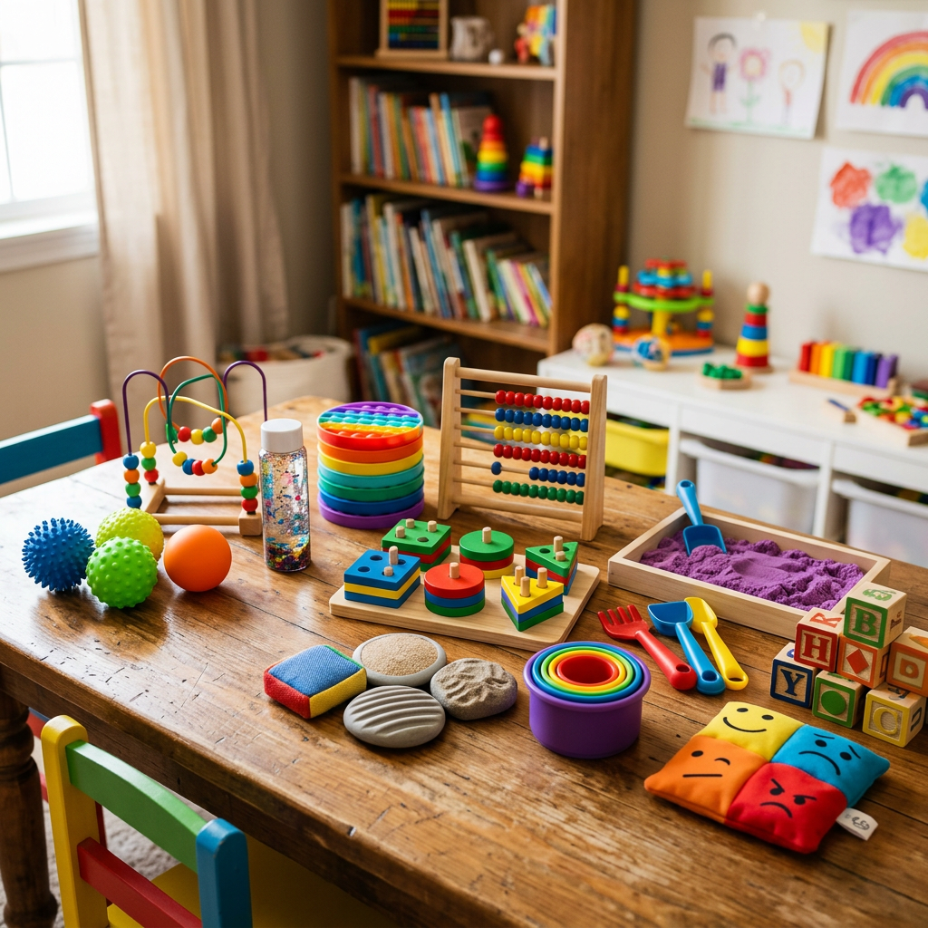 Colorful educational toys including abacus, stacking rings, sensory balls, blocks, and sand tray on wooden table
